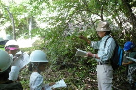 「はっぱのずかん」を片手に、インストラクターの説明に聞き入っています。